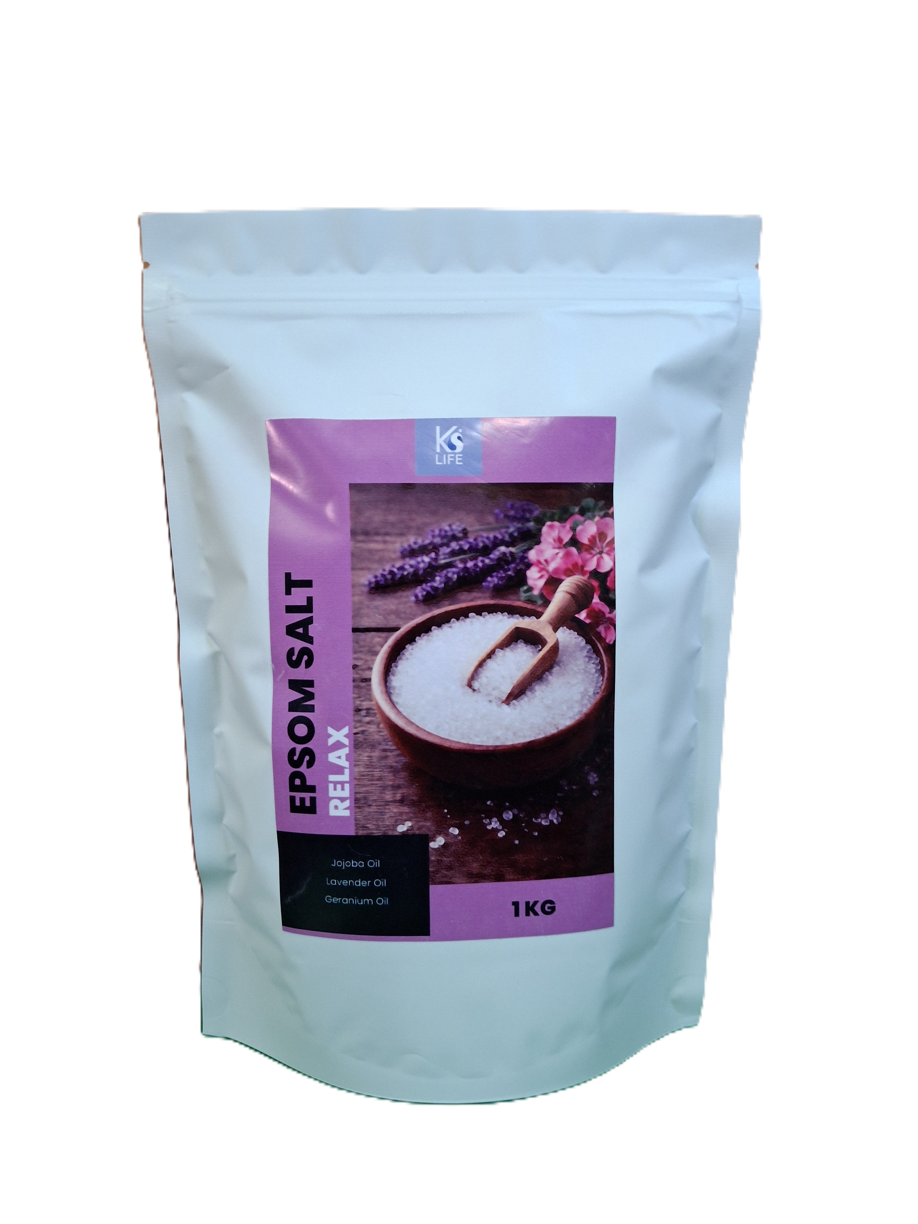 Package of Epsom salt with a lavender theme on a white background by KS Life