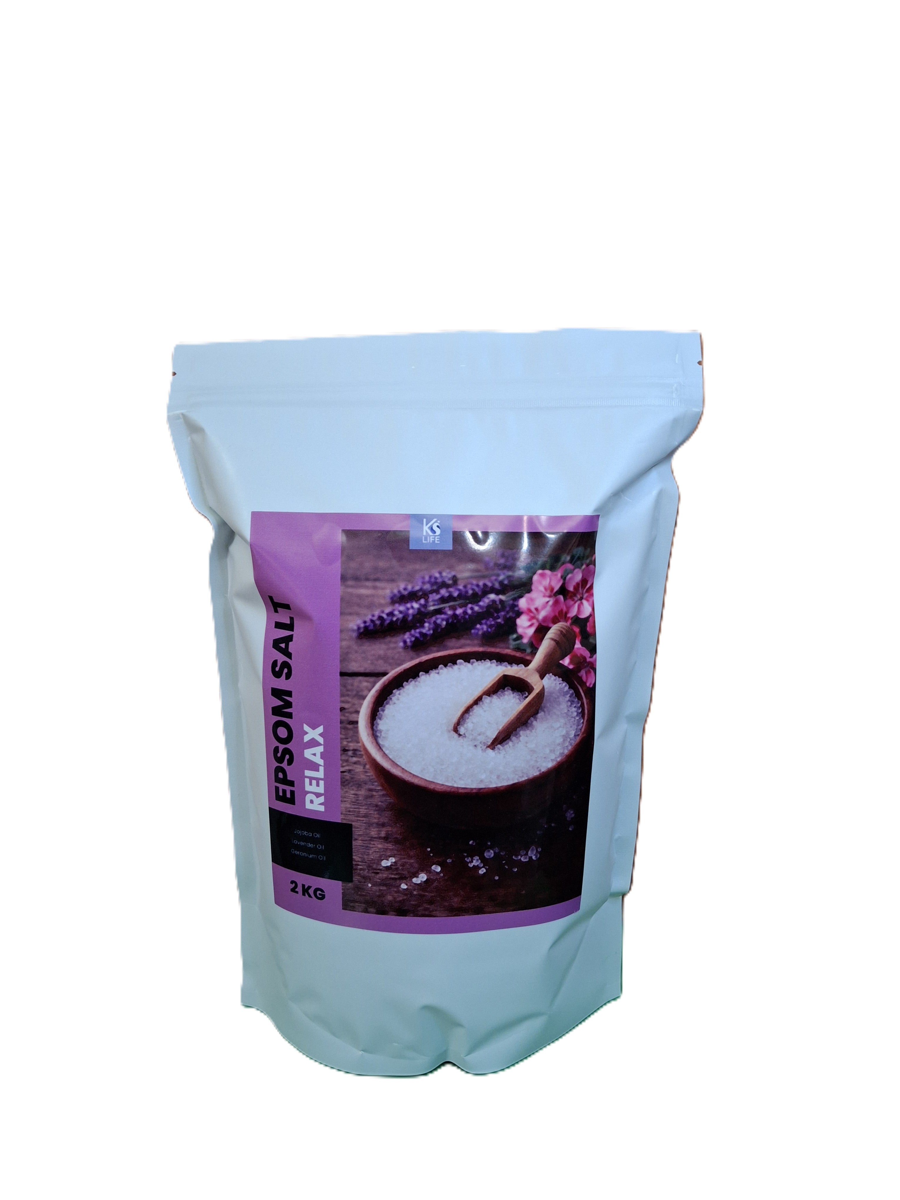 Bag of Epsom salt with a relaxing theme on a white background by KS Life
