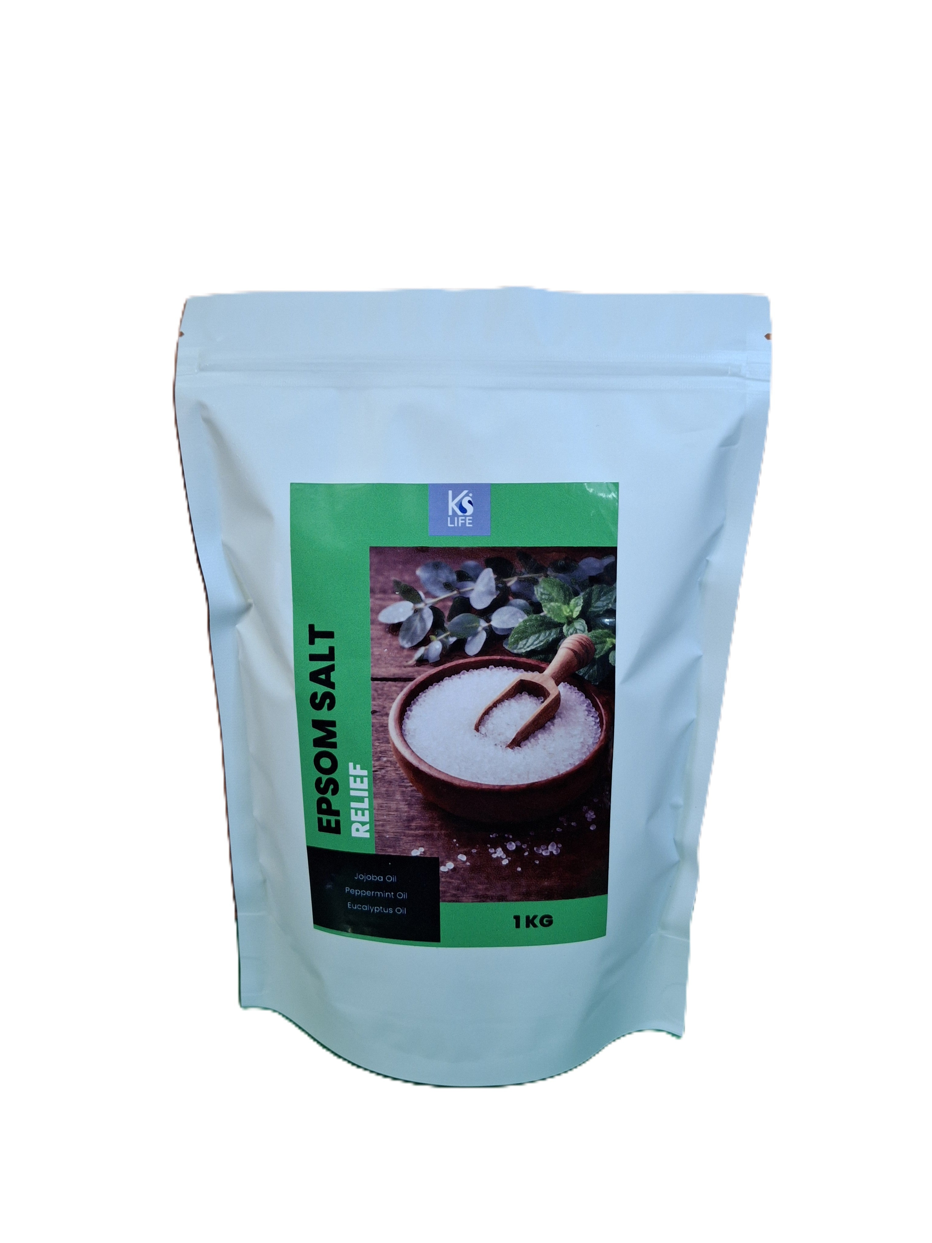 Bag of Epsom salt with a green label on a white background by KS Life