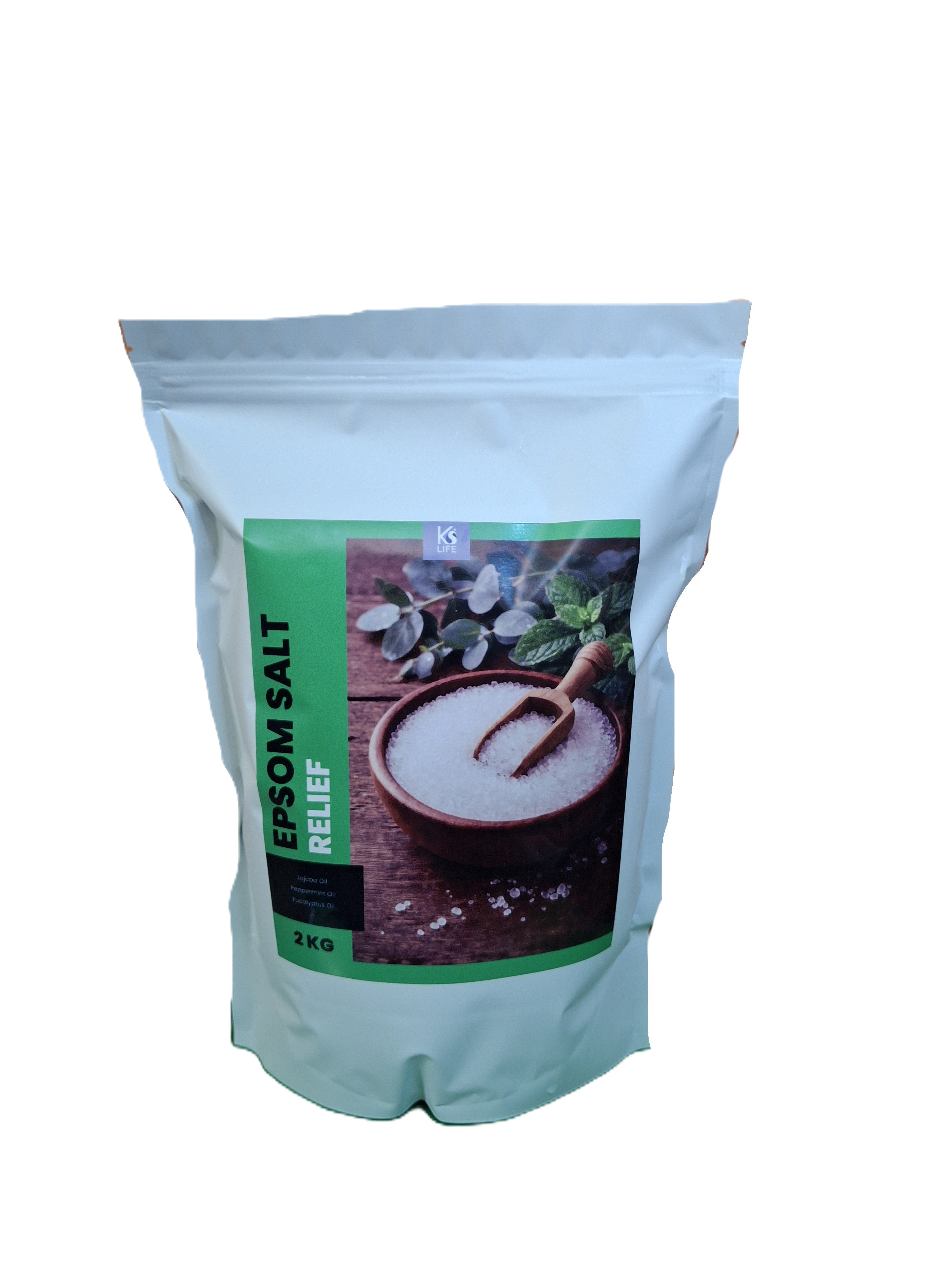 Bag of Epsom salt with a wooden bowl and cinnamon stick on a white background by KS Life