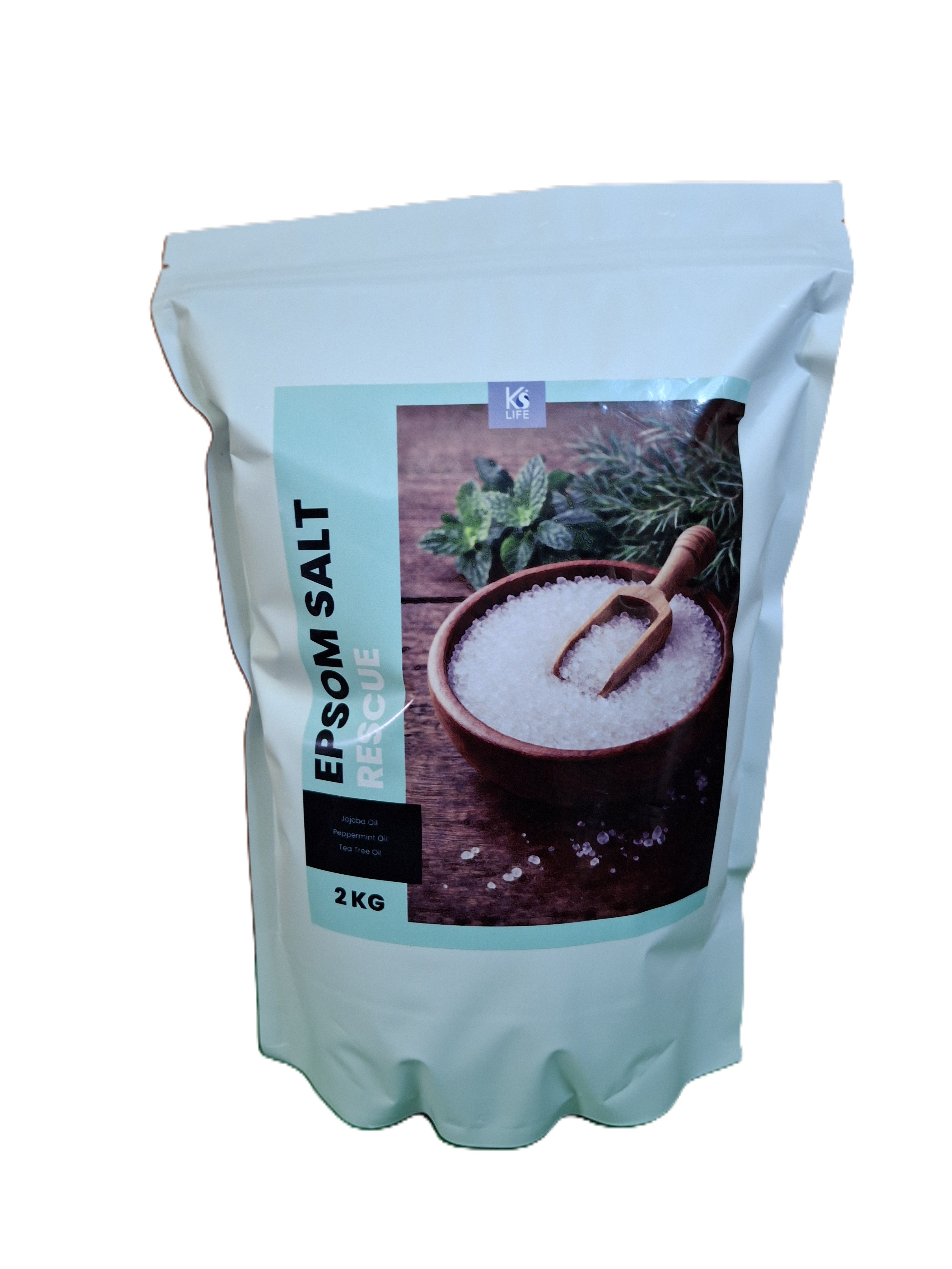 Bag of Epsom salt with a wooden spoon on a white background by KS Life