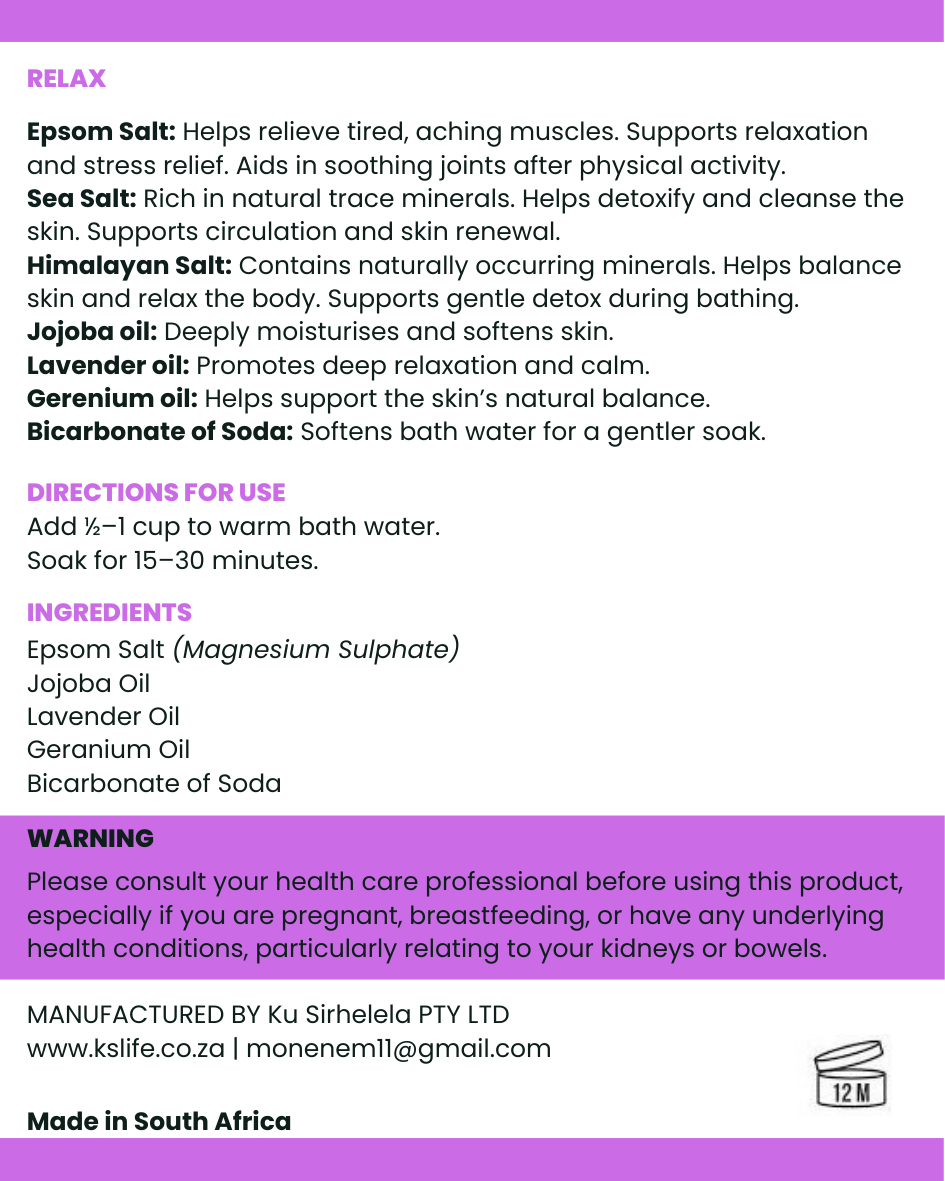 Product label with relax text, directions, ingredients, and warning on a purple background by KS Life