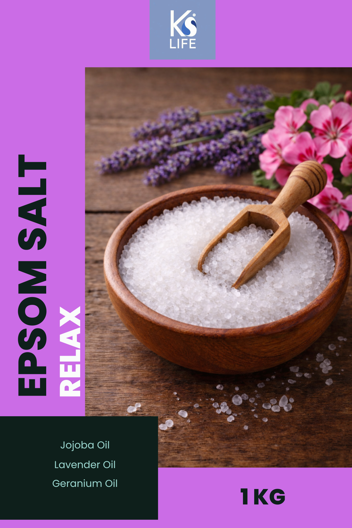 Bowl of Epsom salt with a wooden scoop on a wooden surface, surrounded by lavender flowers, with KS Life branding by KS Life