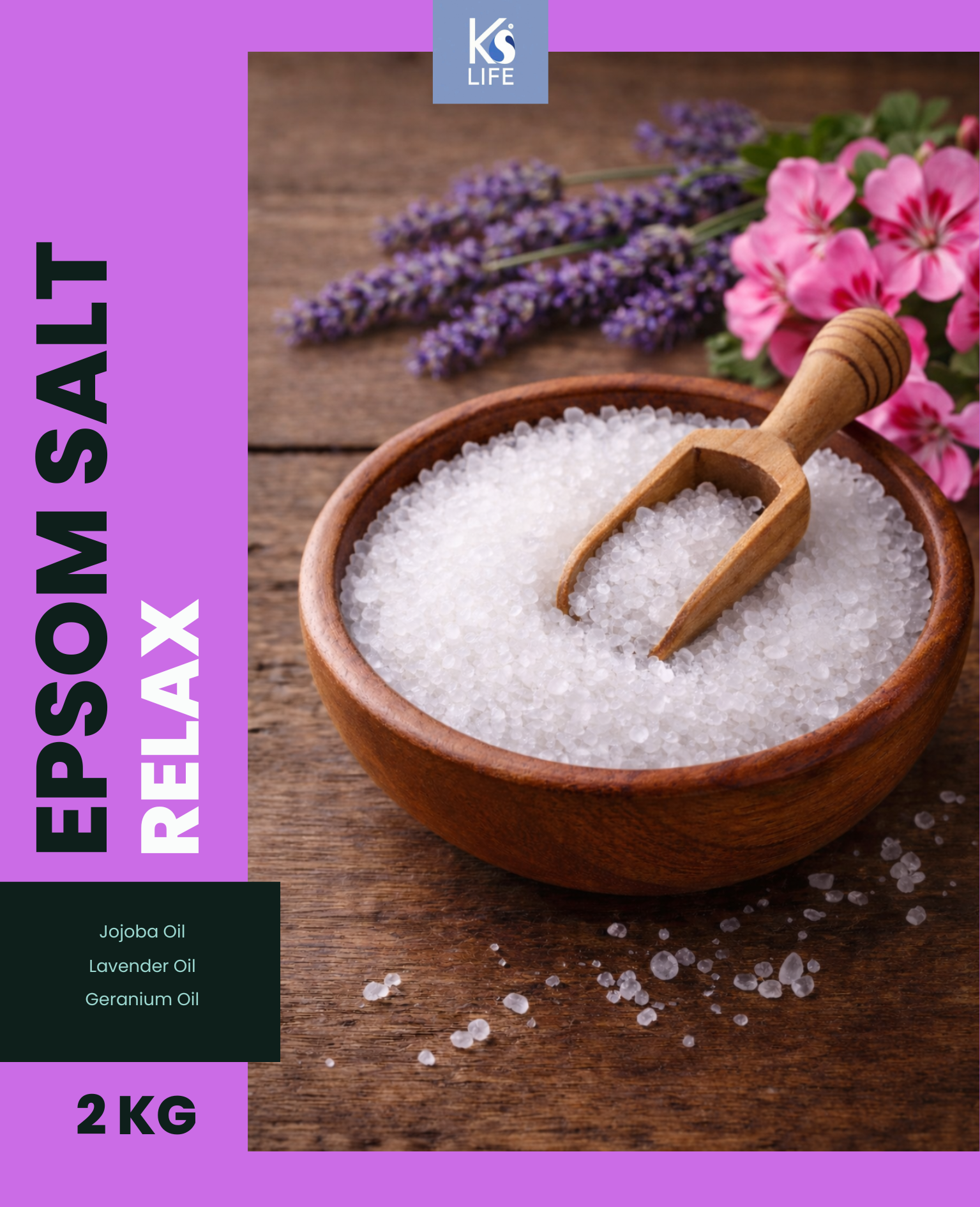 Bowl of Epsom salt with a wooden scoop on a wooden surface, surrounded by lavender and flowers, with 'KS Life' branding by KS Life