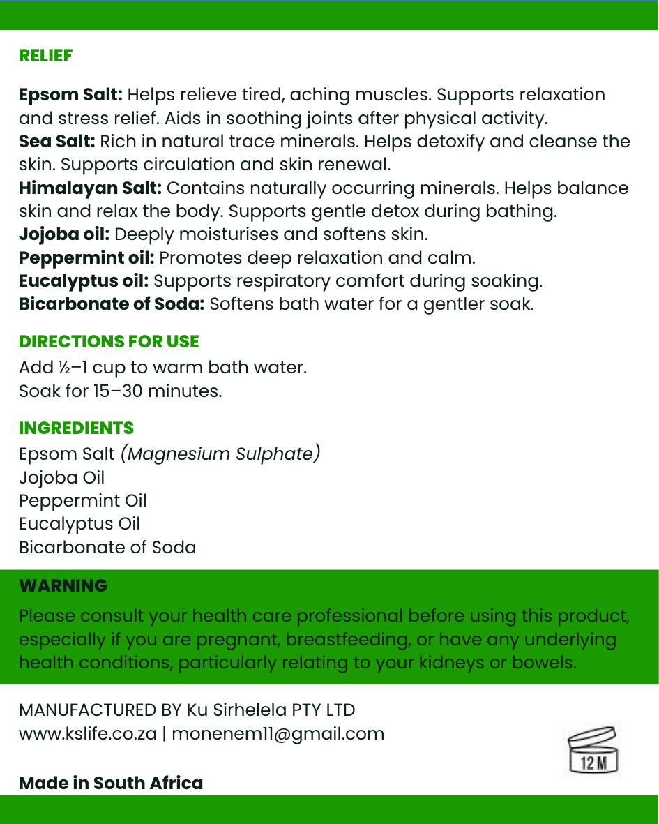 Product label with relief information, directions for use, ingredients, and warning statement on a white background by KS Life