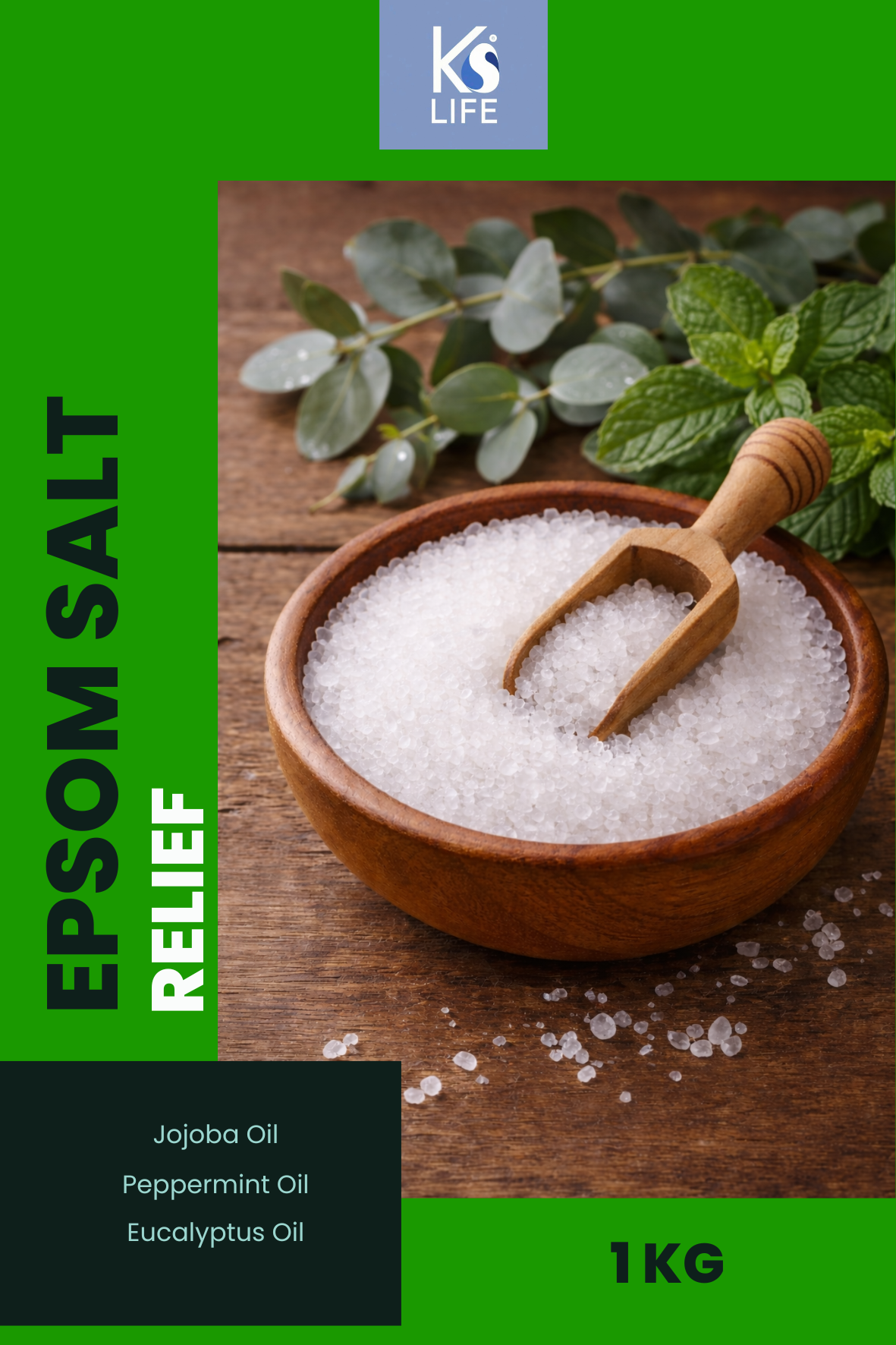 Bowl of Epsom salt with a wooden scoop on a wooden surface, surrounded by green leaves, with KS Life branding by KS Life