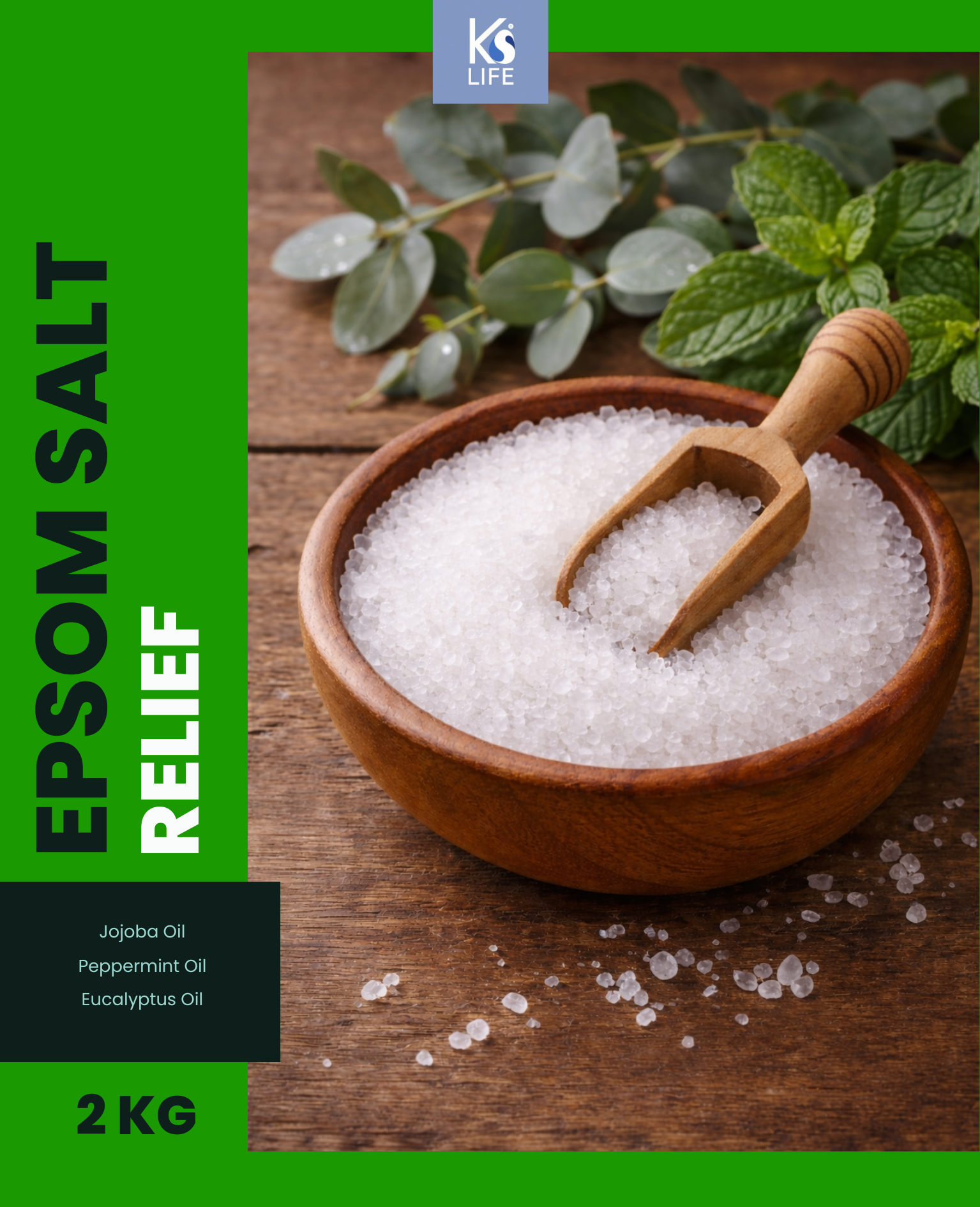 Bowl of Epsom salt with a wooden scoop on a wooden surface, surrounded by green leaves by KS Life