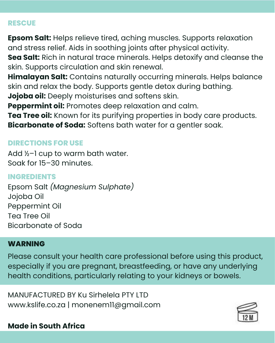Product label with ingredients, directions, and safety information on a light blue background by KS Life