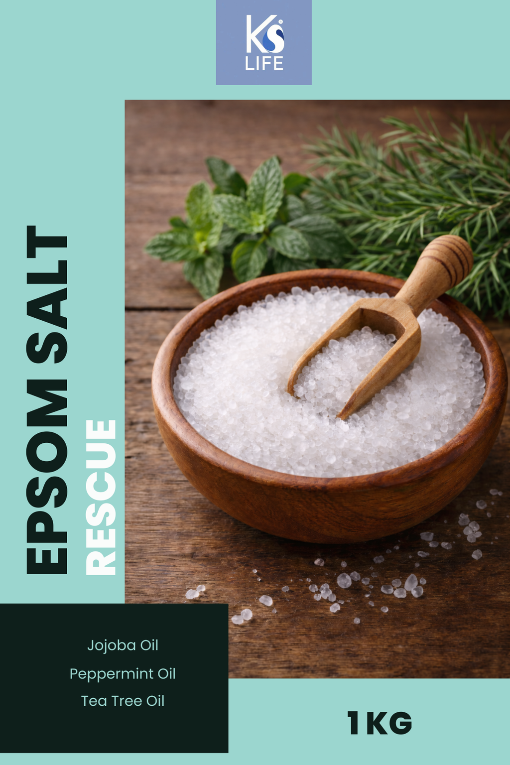Bowl of Epsom salt with a wooden scoop on a wooden surface, featuring KS Life branding by KS Life