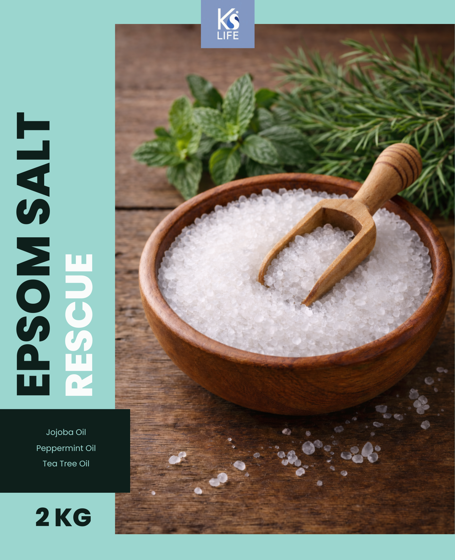Wooden bowl of Epsom salt with a wooden scoop on a wooden surface, surrounded by green leaves by KS Life